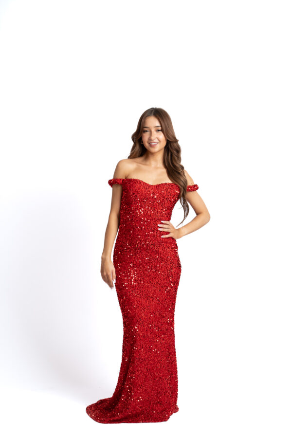 Alt text: "Vibrant red off-the-shoulder fully sequin gown called Cleot, perfect for special occasions."