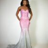Alt text: "Pink and silver ombre gown called Mitsy, featuring a sweetheart strapless neckline, trumpet skirt, and rhinestone detailing, perfect for glamorous occasions."