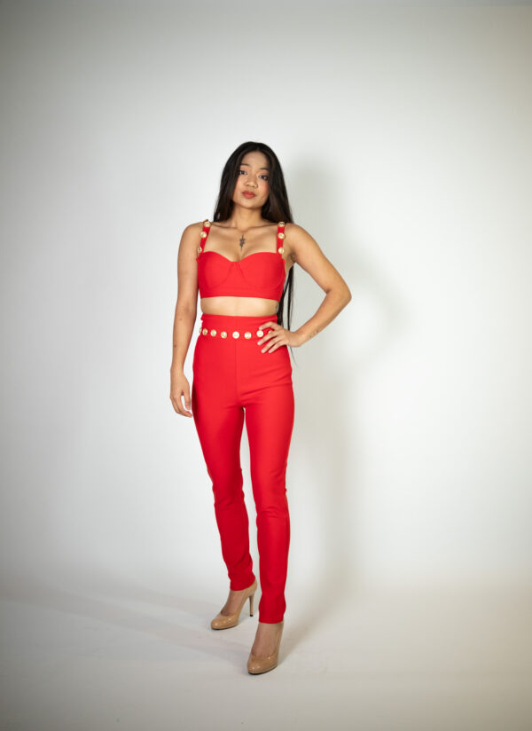 Two-piece red set called Delphox, featuring a bustier top with gold button details and high-waisted pants, perfect for glamorous occasions