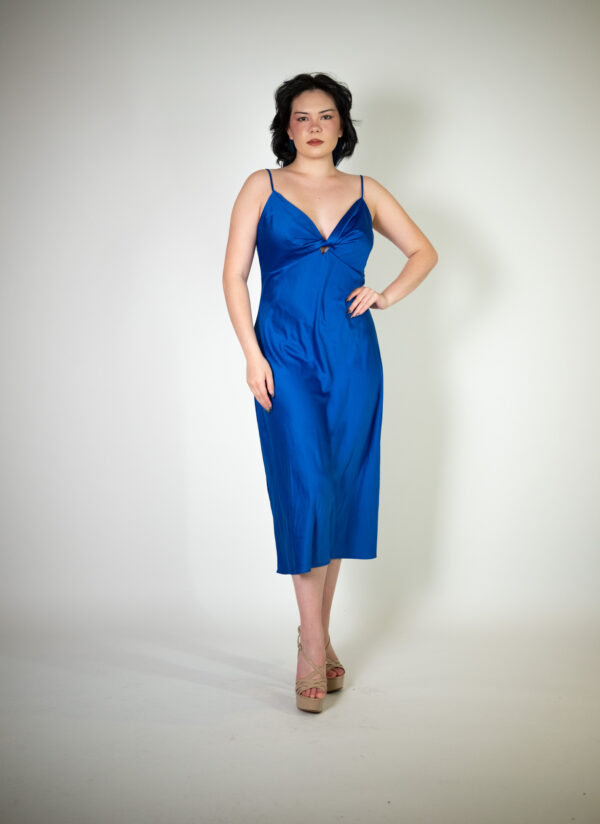 Alt text: "Royal blue midi dress called Devon, perfect for special occasions."