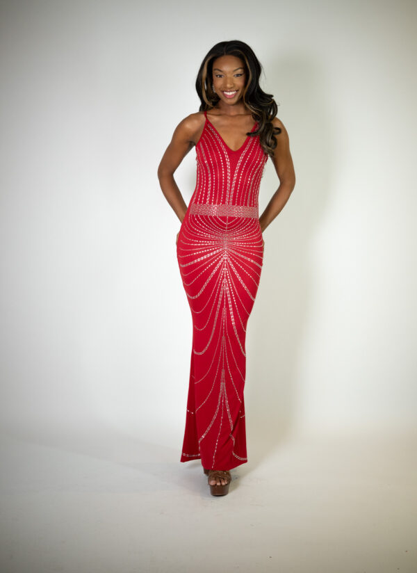 Alt text: "Wine red evening gown called Yanma, featuring elastic, stretchy fabric, a V-neck, and rhinestone detailing, perfect for special occasions."