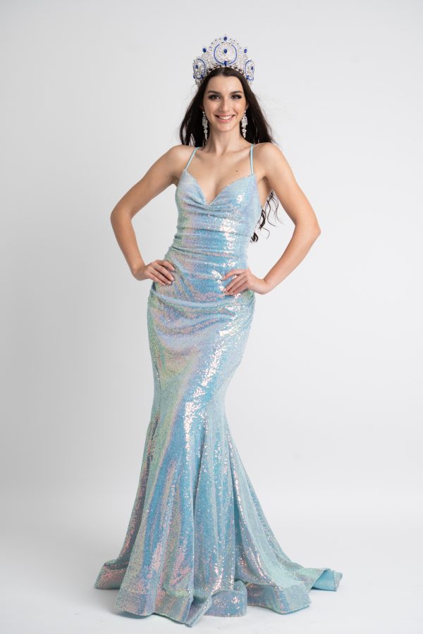 Alt text: "Blue and pink sheen sequin trumpet gown called Candy, featuring a tie corset back and small V neckline, perfect for special occasions."