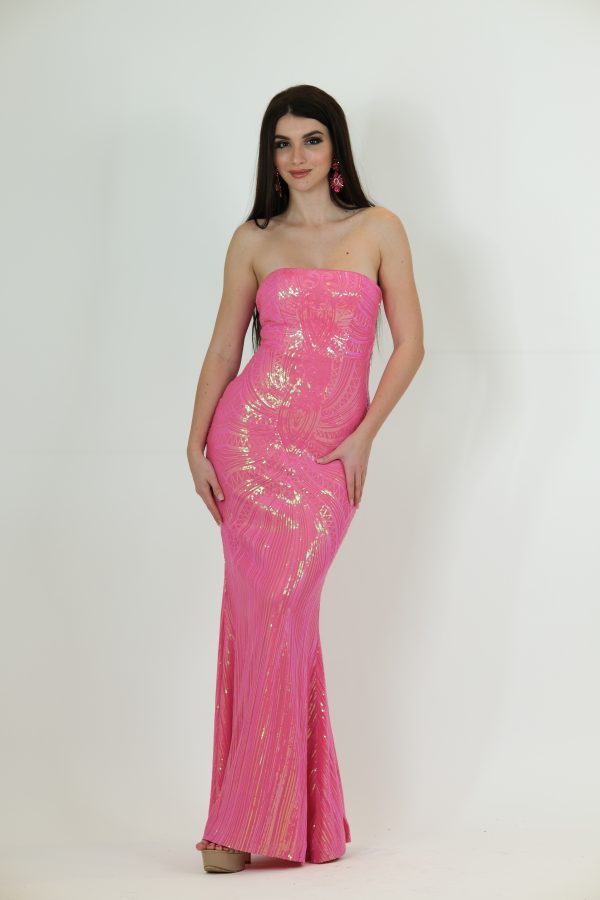 Bright pink strapless sequin evening gown called Aveline, featuring a fitted silhouette and floor-length design, perfect for special occasions.