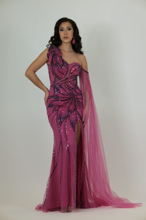 "Fuchsia one-shoulder gown with bold sequin detailing, fitted silhouette, thigh-high slit, and flowing tulle side drape."