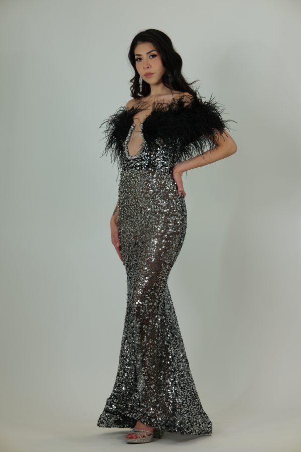 “Black and silver sequin gown with deep illusion neckline and dramatic black feather detailing.”