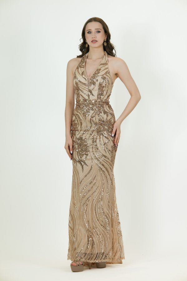 “Gold halter-neck sequin gown with detailed beading and fitted full-length silhouette.”