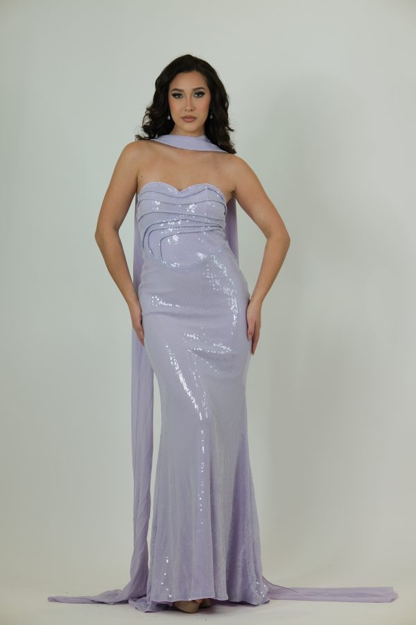 "Lilac strapless sequin gown with sweetheart neckline, draped bodice detailing, and a long flowing chiffon scarf."