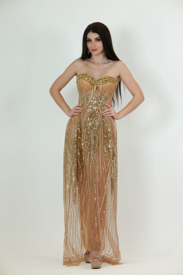 Nude and gold strapless evening gown called Anastasia, featuring a corset-style bodice with gold sequin and bead detailing and a sheer floor-length skirt
