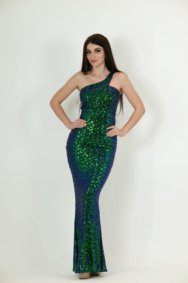 "One-shoulder sequin evening gown called Cosima, featuring blue and green sequins with a fitted silhouette, perfect for special occasions